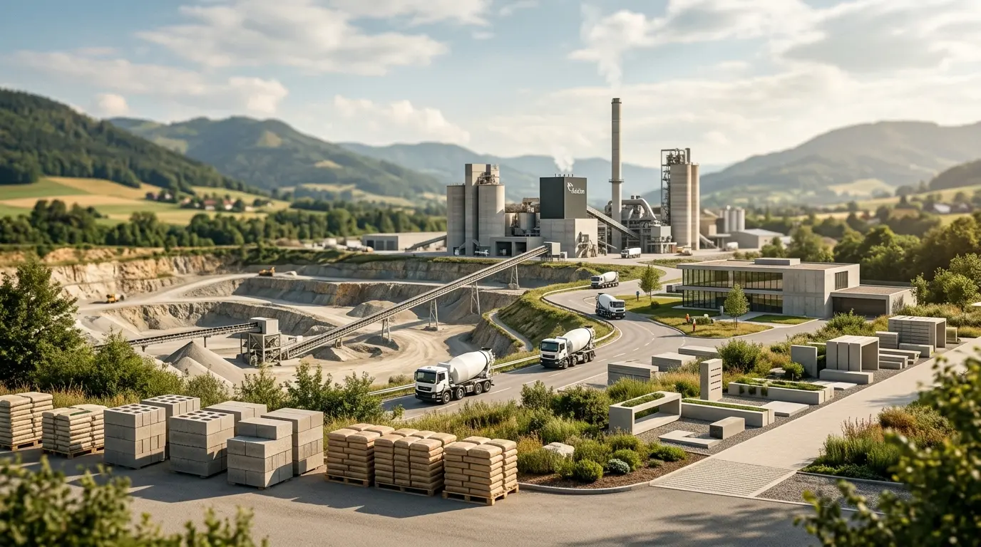 Couverture d'article sur le holcim group, montrant un paysage industriel moderne avec cimenterie, camions et matériaux durables.