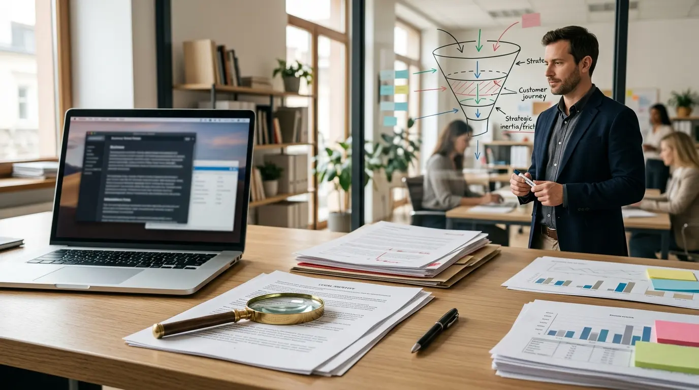 Bureau moderne illustrant l'inertie marketing, avec documents légaux et stratégie marketing en contraste.