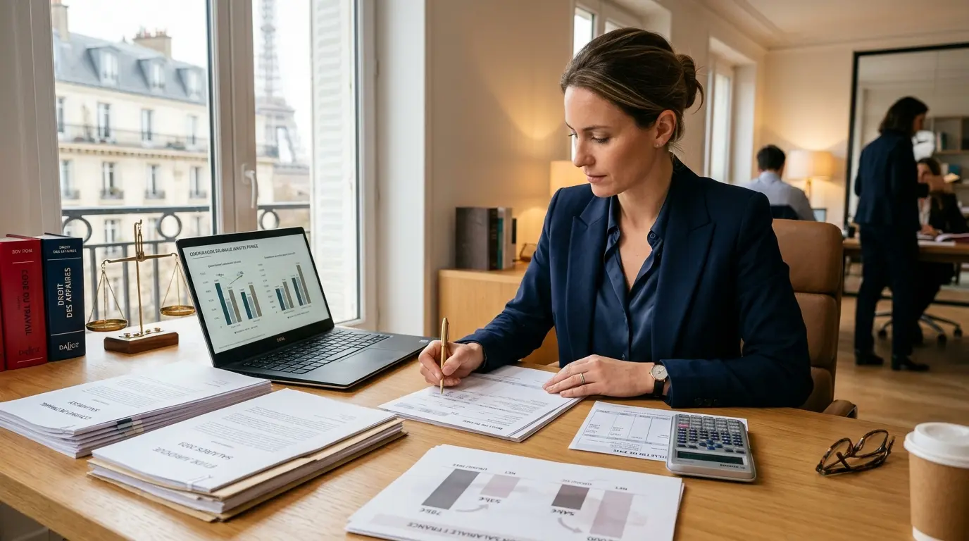 Juriste salaire net comparé sur un bureau moderne avec documents, calculatrice et ambiance professionnelle chaleureuse.