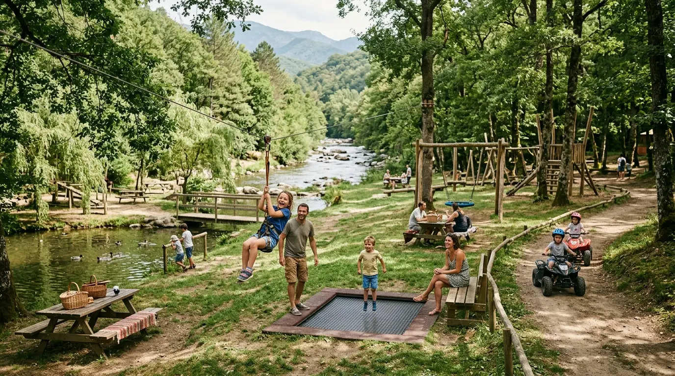 Les jardins du tech, parc familial verdoyant à Arles-sur-Tech, enfants jouant près d'un étang et d'aires de jeux.