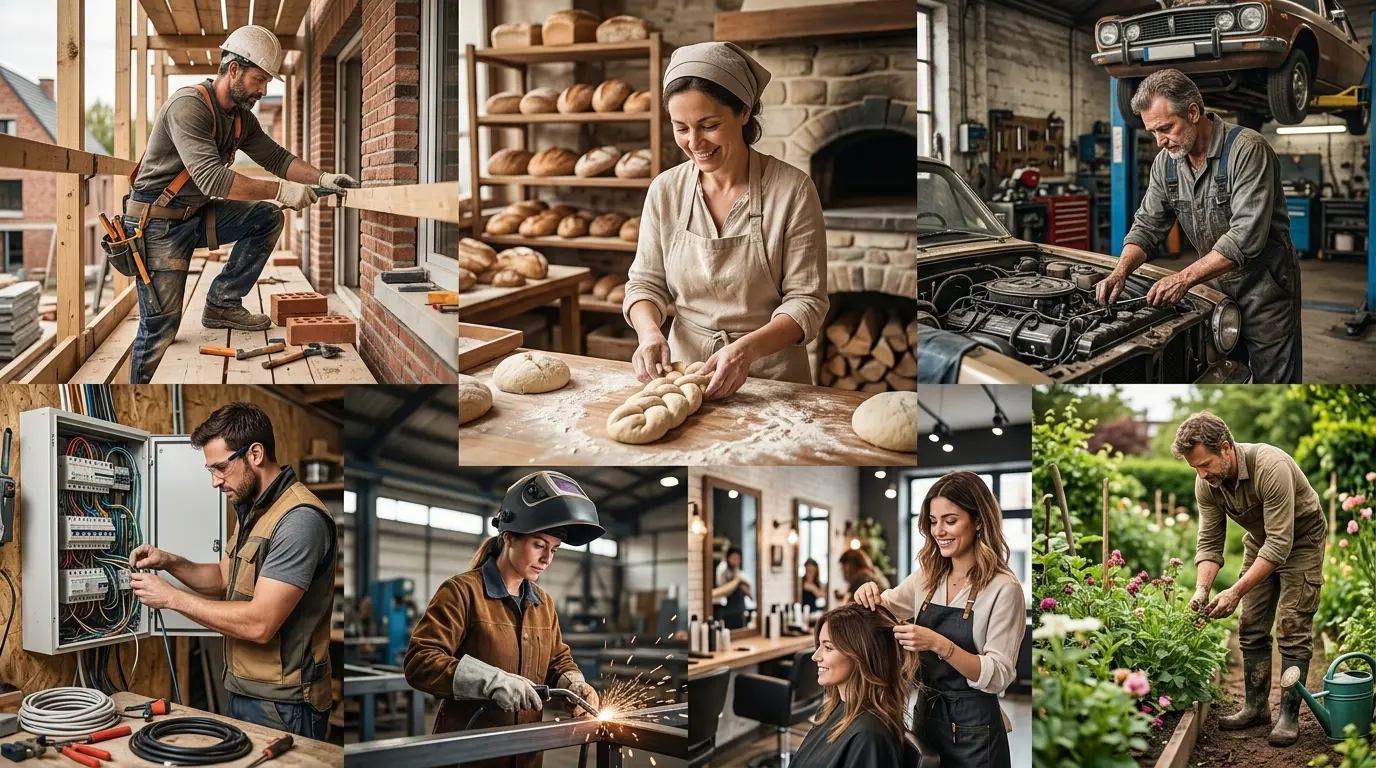 Collage de travailleurs dans les métiers manuels qui recrutent : constructeur, électricien, boulanger, mécanicien, soudeur, coiffeur, jardinier.