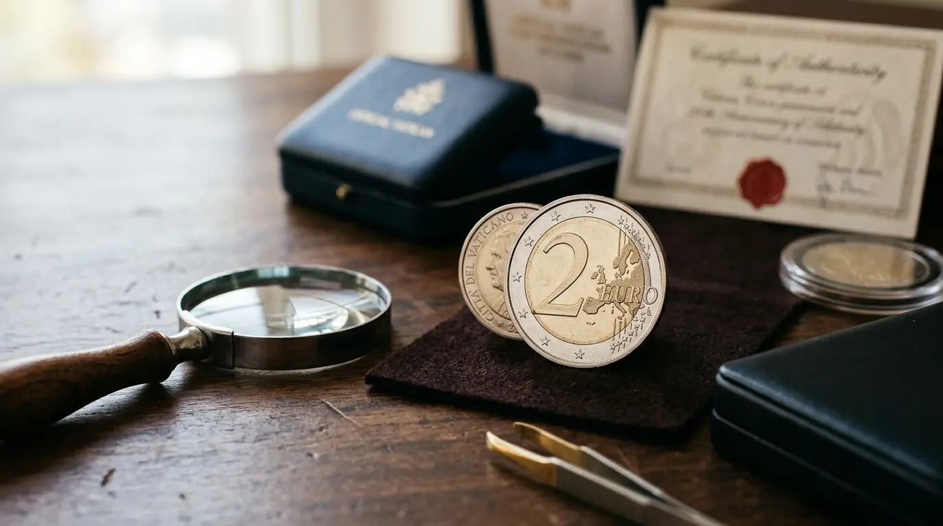 Élégante pièce 2 euros Vatican sur une surface sombre, entourée d'accessoires numismatiques raffinés.