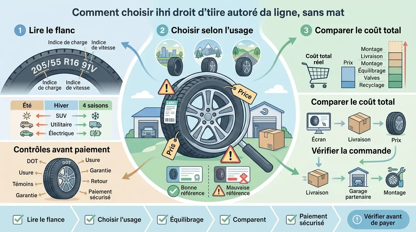 Infographie éducative sur l'achat en ligne pneu, illustrant les étapes pour choisir le bon pneu sans erreurs.