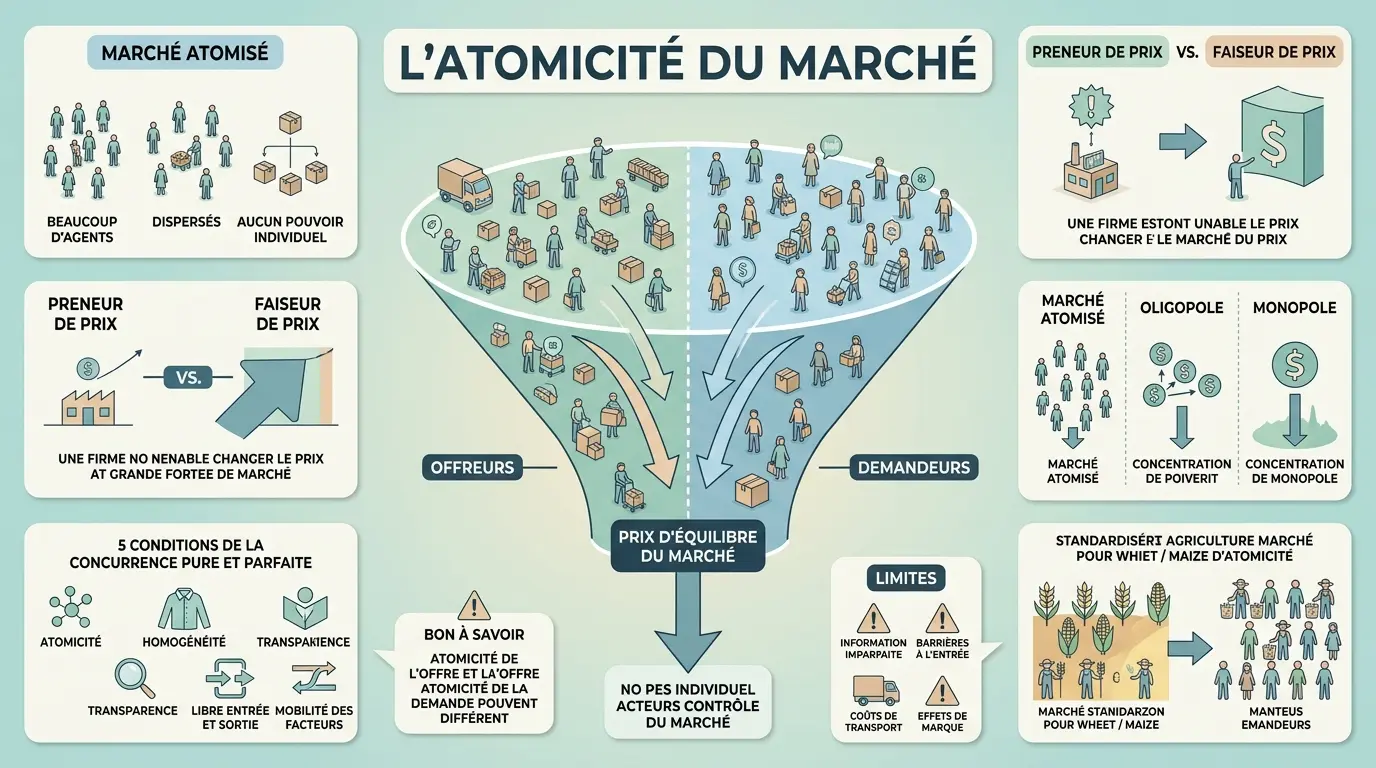 Infographie éducative sur l'atomicité du marché, illustrant des acheteurs et vendeurs dispersés convergeant vers un prix d'équilibre.