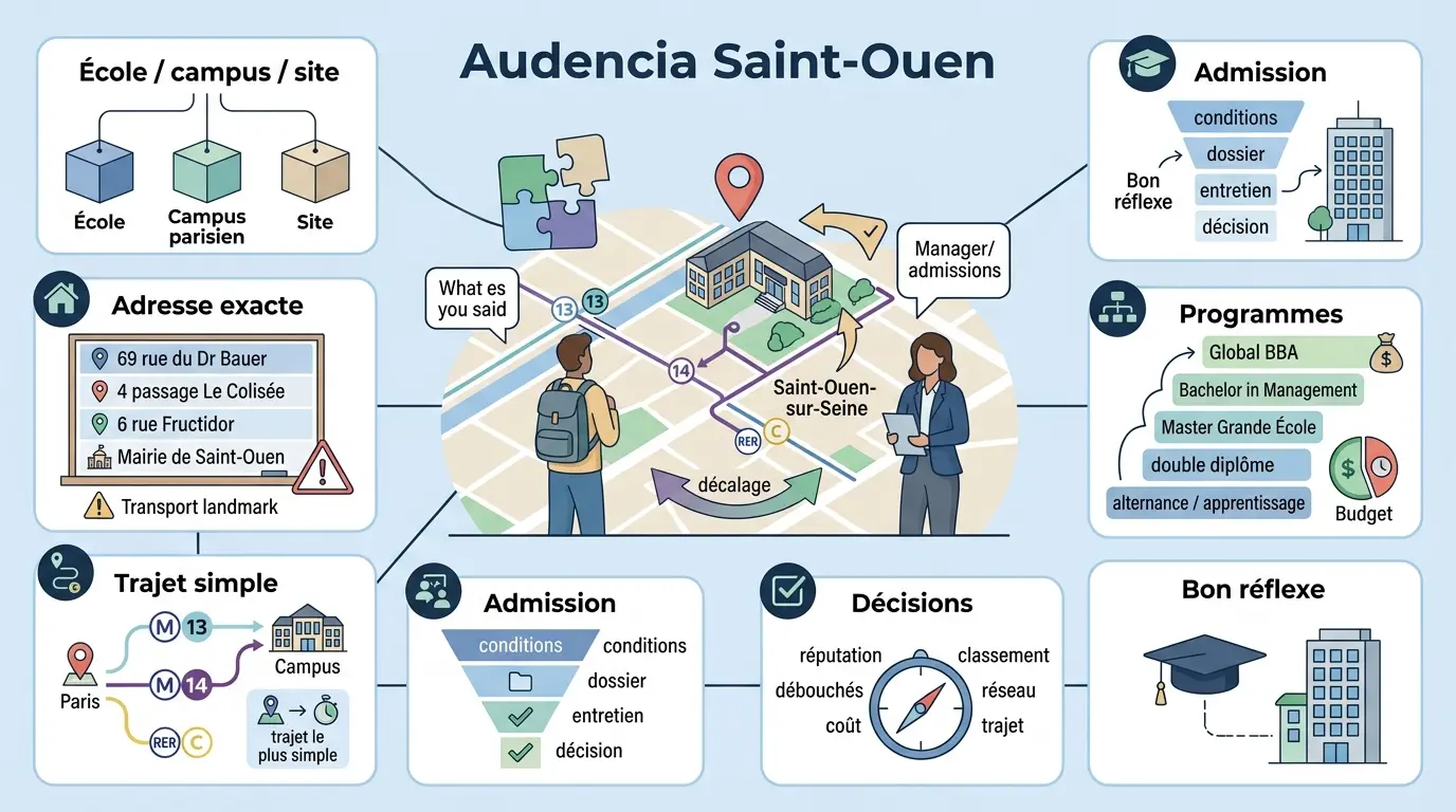 Infographie éducative sur audencia saint ouen, illustrant campus, adresses, trajets et admissions avec des métaphores visuelles.