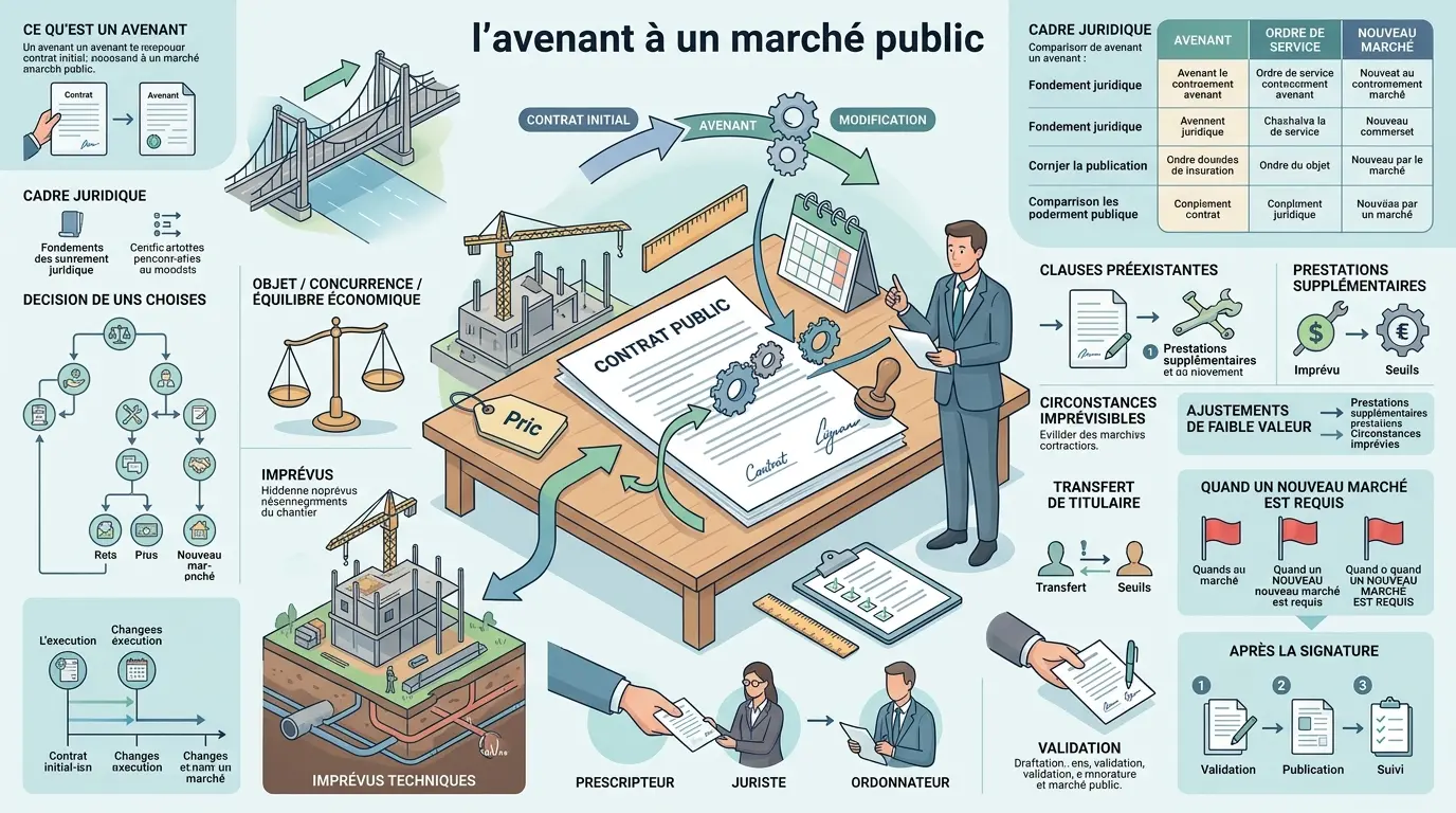 Infographie éducative sur l'avenant à un marché public, illustrant la transformation d'un contrat avec des éléments visuels explicatifs.