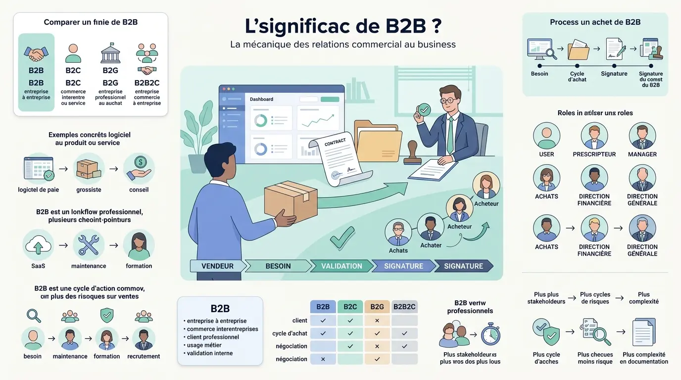 Infographie éducative illustrant la b2b signification, montrant les échanges interentreprises et le processus d'achat.