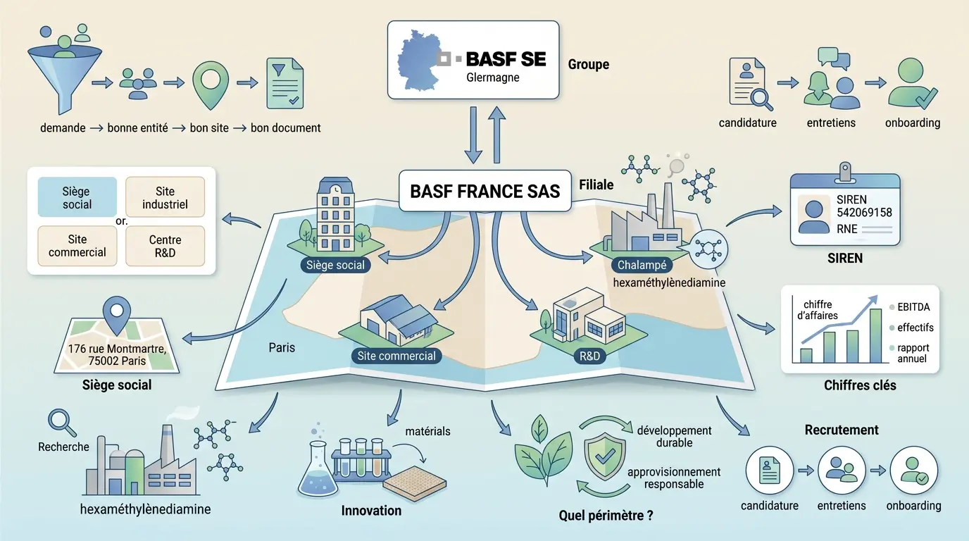 Infographie éducative sur basf france, illustrant la distinction entre BASF SE, BASF France SAS, et ses sites.