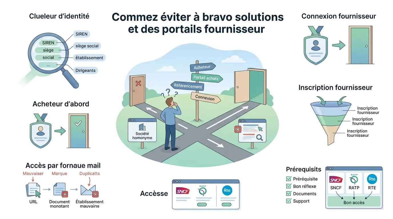 Infographie éducative sur bravo solutions, illustrant les chemins d'accès pour fournisseurs et acheteurs avec des erreurs courantes.