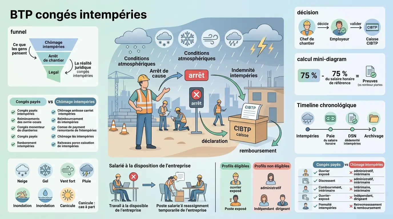 Infographie éducative sur btp congés intempéries, illustrant arrêt de chantier, indemnités et processus administratif.