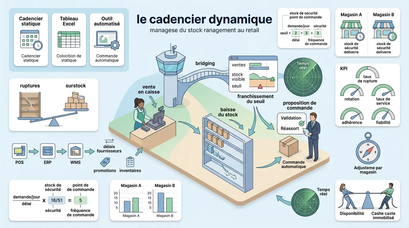 Infographie éducative sur le cadencier dynamique en gestion de stock, illustrant le flux entre ventes, stock et réassort.
