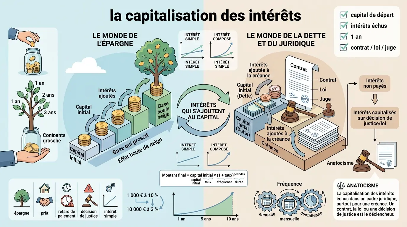Infographie éducative sur la capitalisation des intérêts, illustrant épargne et dette avec des mécanismes visuels contrastés.