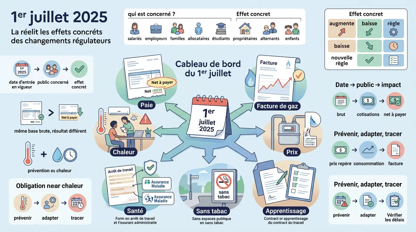Infographie éducative sur ce qui change au 1er juillet 2025, illustrant les impacts concrets sur salaires, factures et règles.