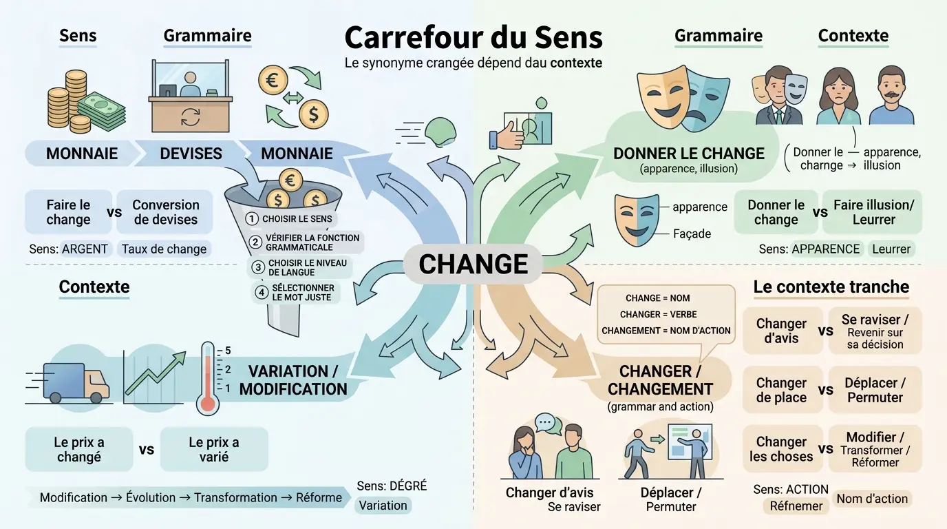 Infographie éducative sur le change synonyme, illustrant ses significations et contextes avec un arbre décisionnel.