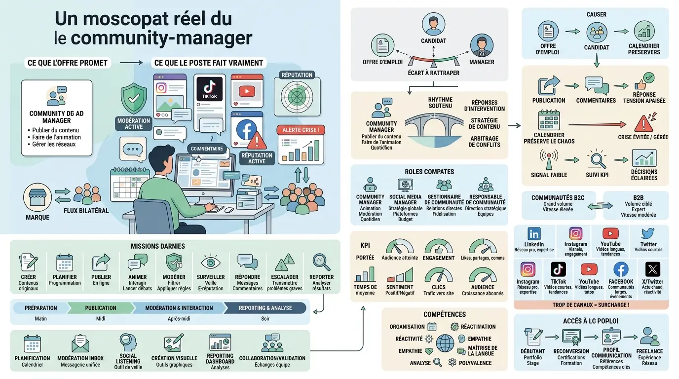 Infographie éducative illustrant la community manager definition, montrant le rôle, les attentes et les missions essentielles.