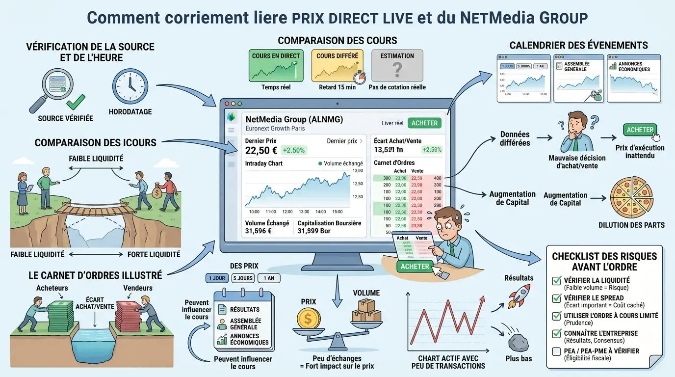 Infographie éducative sur le cours netmedia avec un tableau boursier, des comparaisons et des métaphores visuelles.