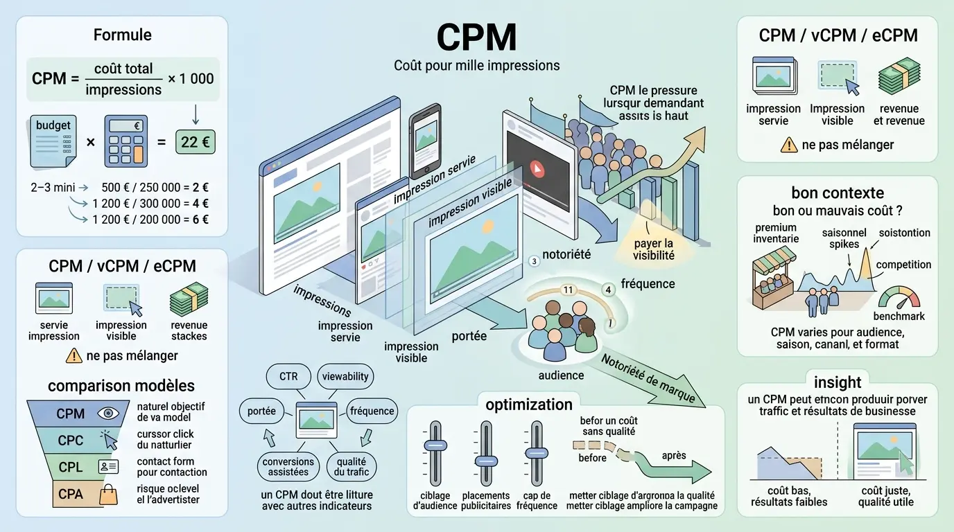 Infographie éducative sur le cpm marketing, illustrant l'écosystème publicitaire et les concepts clés comme impressions et portée.