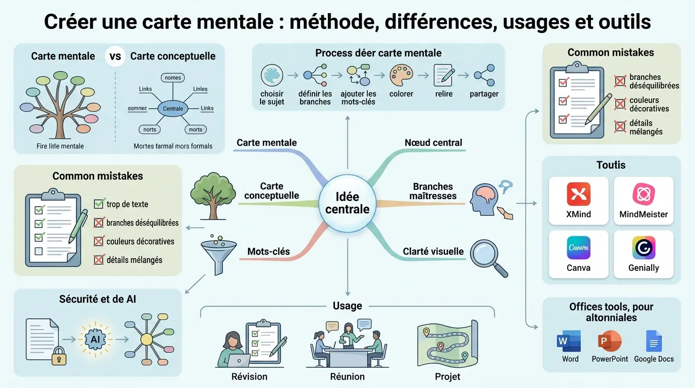 Infographie éducative illustrant comment créer carte mentale avec étapes, comparaisons et outils en français.