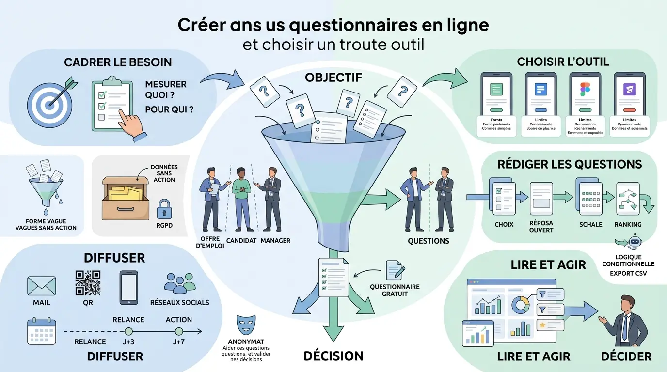 Infographie moderne sur créer des questionnaires en ligne, illustrant un parcours de l'objectif à la décision avec un entonnoir central.