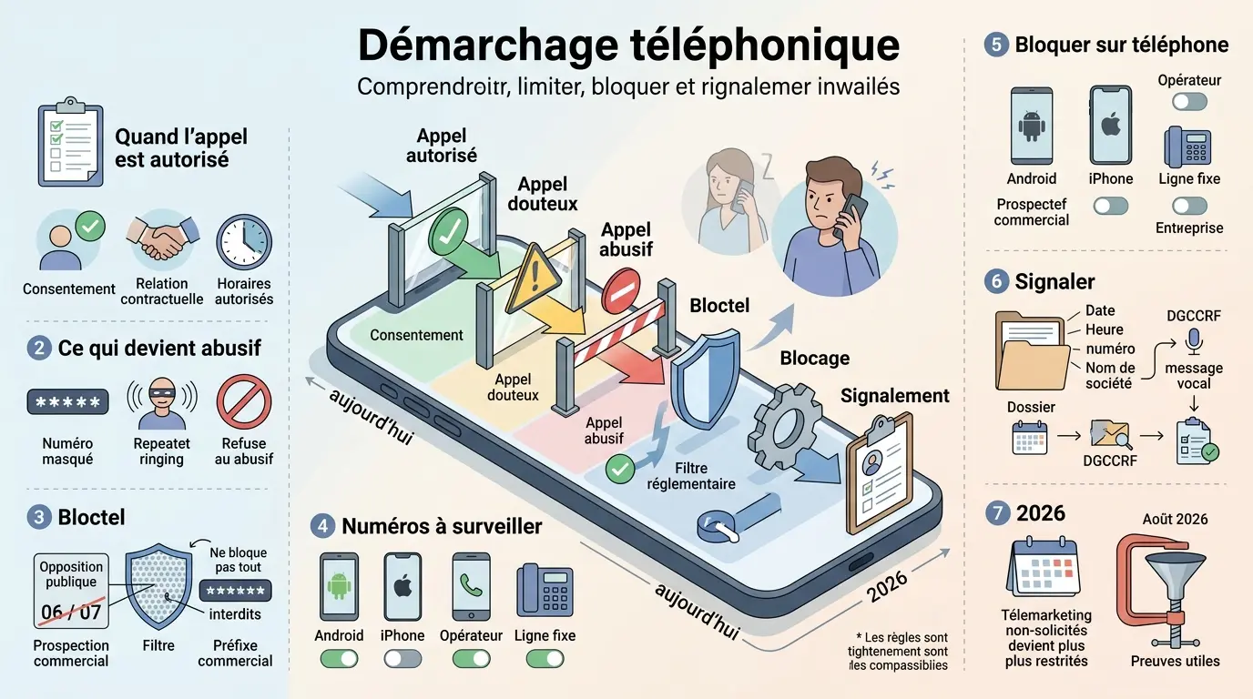 Infographie éducative sur le démarchage téléphonique stop, illustrant les étapes pour comprendre, bloquer et signaler les appels indésirables.