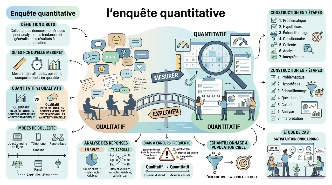 Infographie éducative sur l'enquête quantitative, comparant méthodes quantitatives et qualitatives avec illustrations et explications claires.