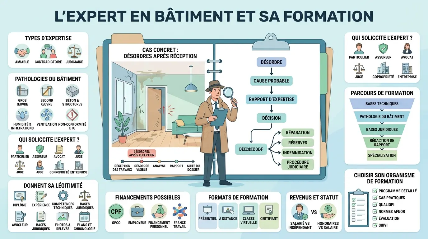 Infographie éducative sur l'expert en bâtiment formation, illustrant le parcours, les types d'expertise et les processus décisionnels.