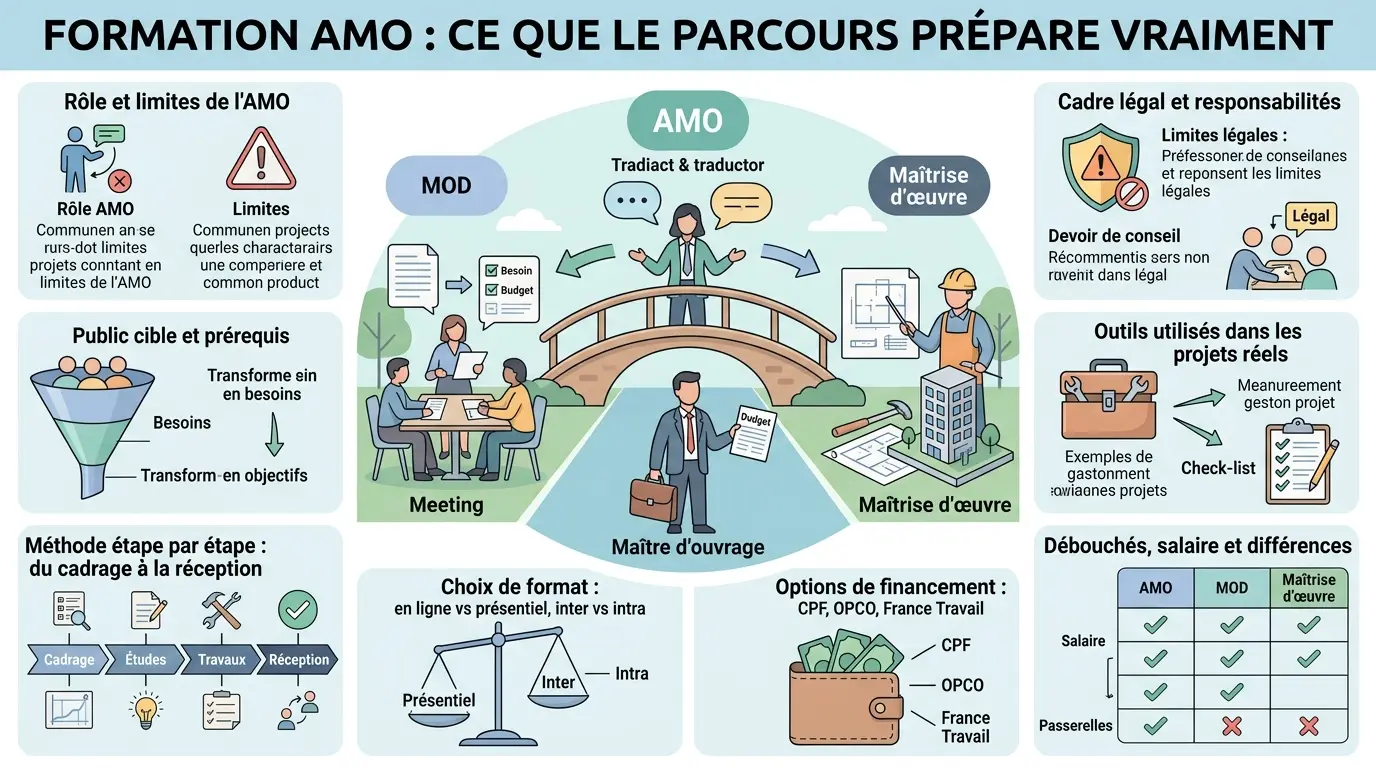 Infographie moderne sur la formation amo, illustrant les rôles, méthodes et financements en gestion de projet.