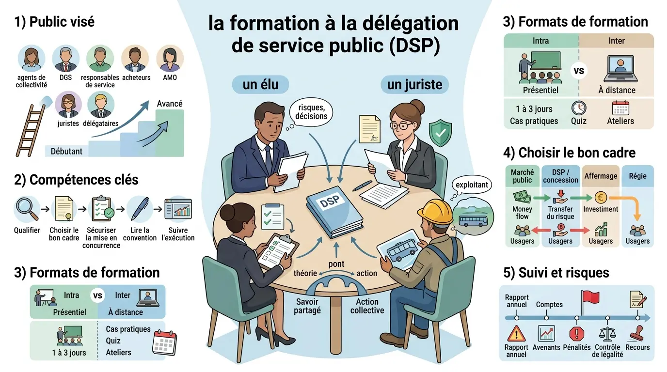 Infographie sur la formation délégation de service public, illustrant les rôles clés et compétences avec des visuels pédagogiques.