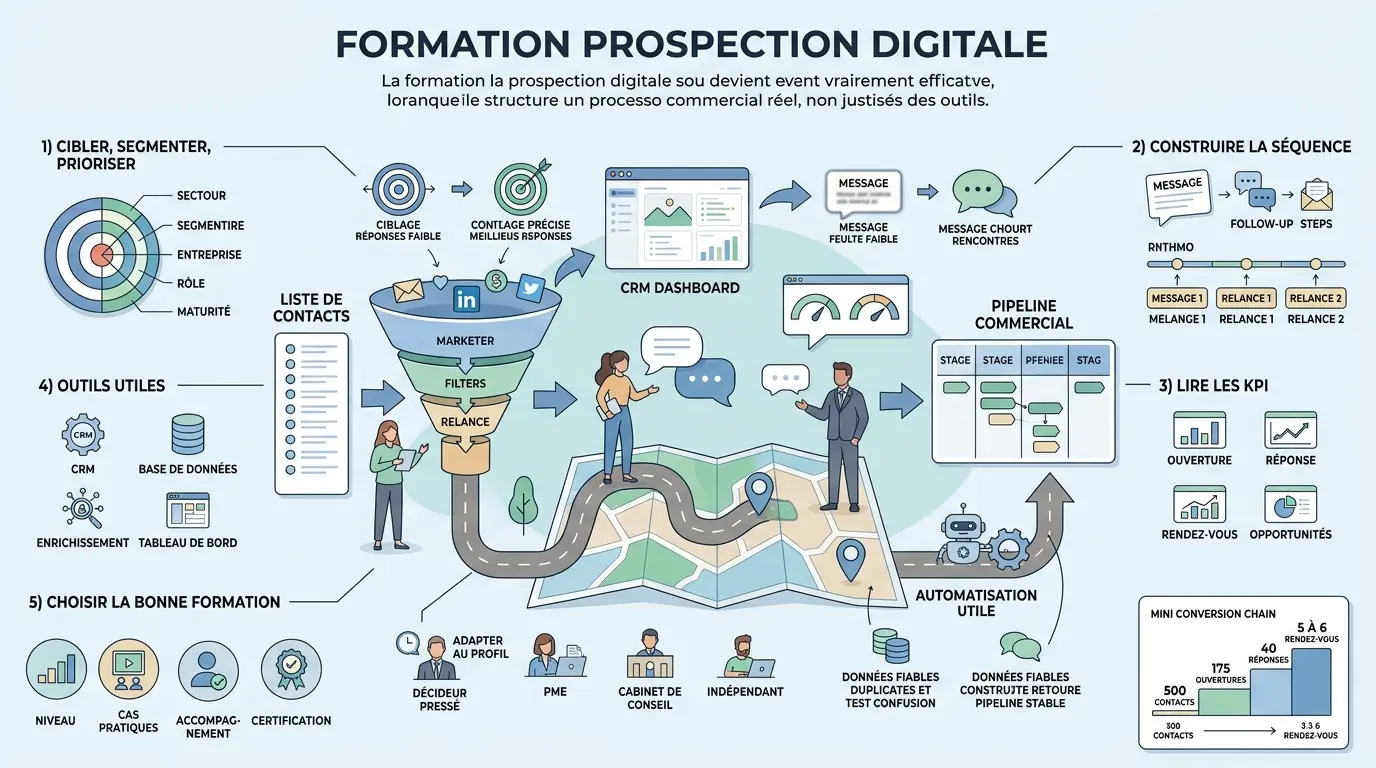 Infographie sur la formation prospection digitale illustrant un processus de transformation de contacts en leads qualifiés.