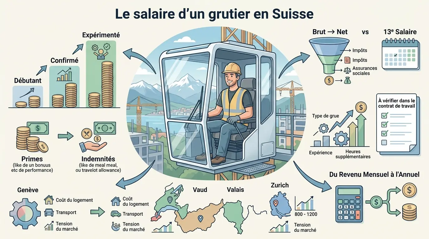 Infographie éducative sur le grutier en Suisse salaire, illustrant les variations selon le canton, l'expérience et les primes.