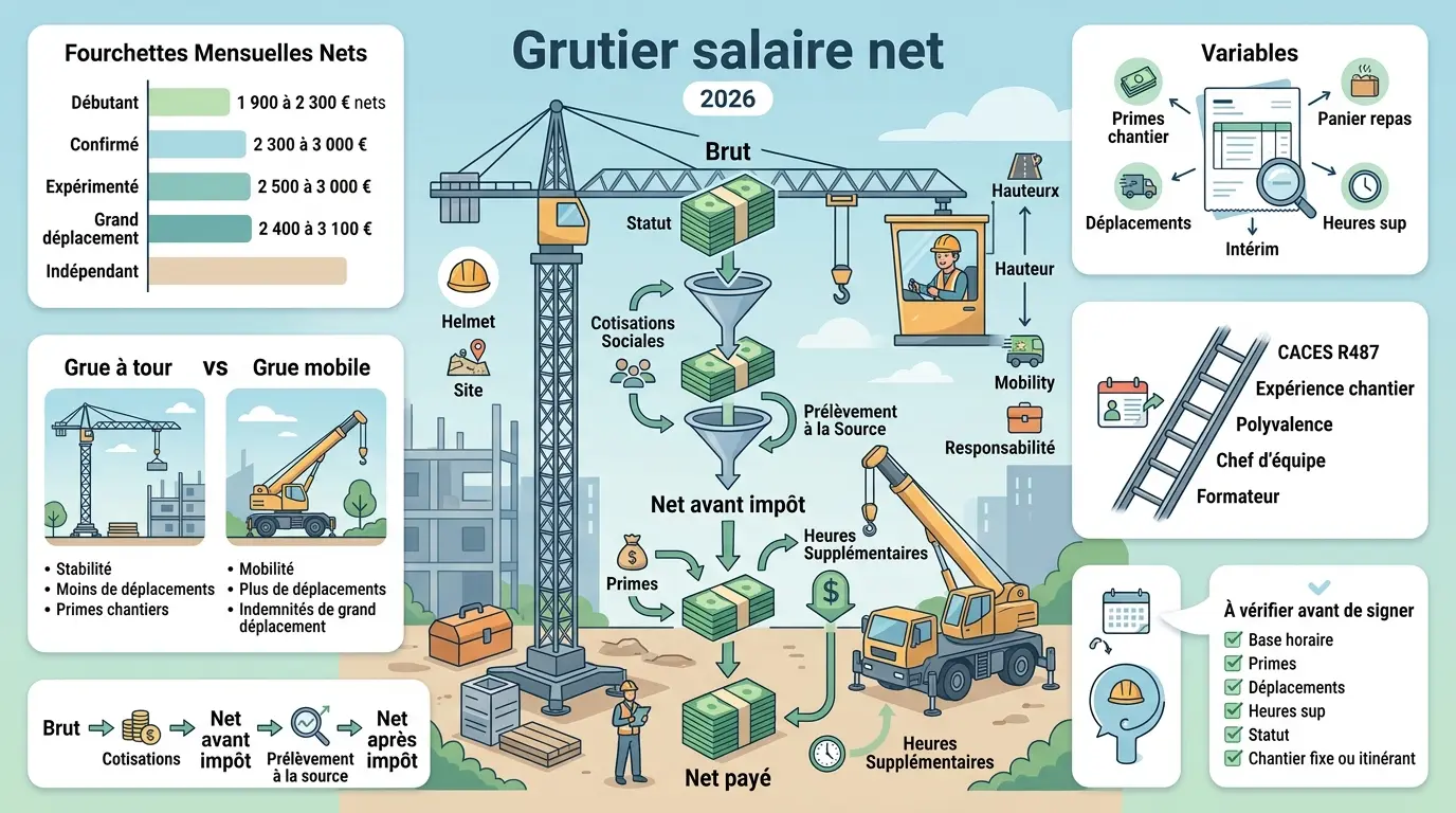 Infographie éducative sur le grutier salaire net en 2026, illustrant la transformation du salaire brut au net et les variables de rémunération.