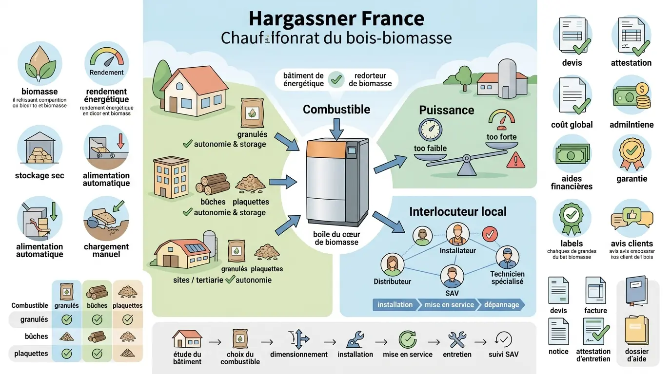 Infographie éducative sur Hargassner France, illustrant un écosystème de chauffage bois-biomasse avec chaudière, combustibles et réseau local.