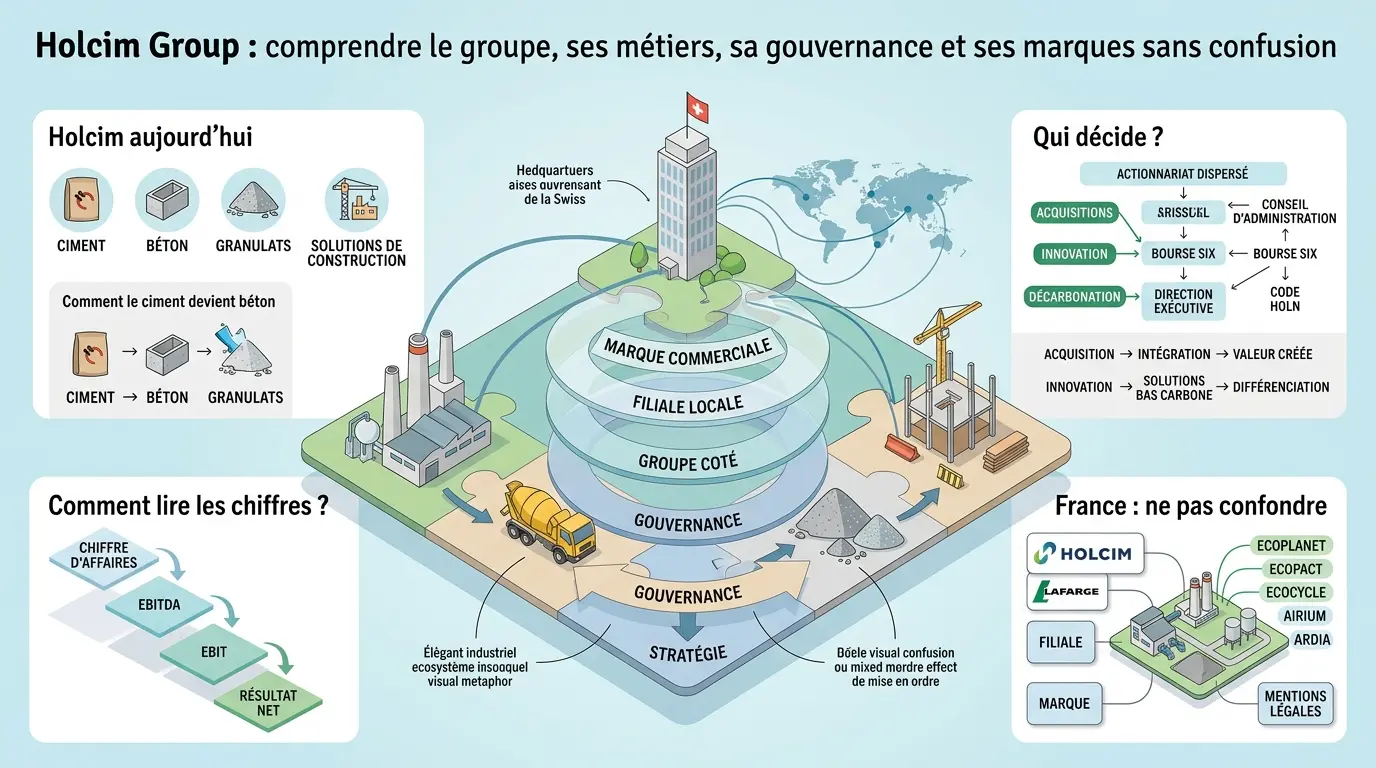 Infographie éducative sur le holcim group, illustrant ses métiers, sa gouvernance et ses marques à travers un écosystème industriel.