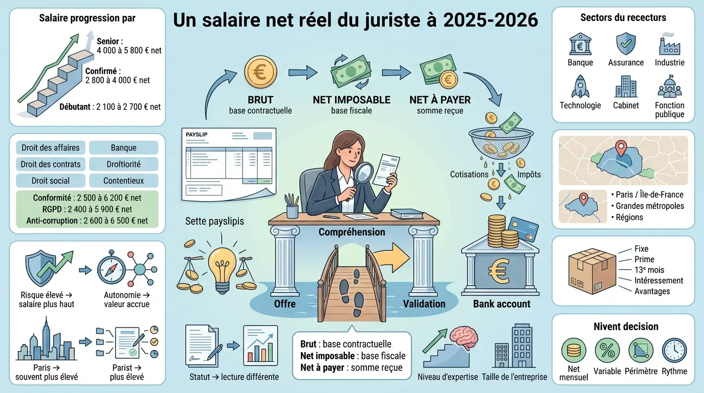Infographie éducative sur le juriste salaire net en 2025-2026, illustrant les écarts entre offre, compréhension et validation.