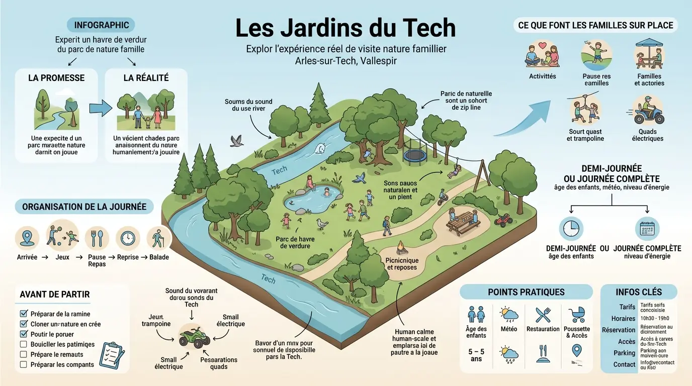 Infographie illustrant les jardins du tech, un parc familial à Arles-sur-Tech, avec activités, nature et infos pratiques.