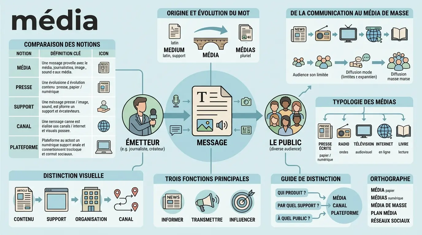 Infographie éducative illustrant la média definition, montrant la transmission d'un message et les types de médias.