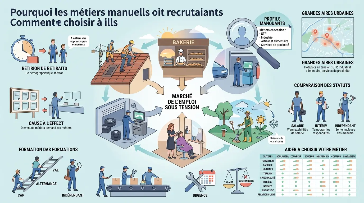 Infographie éducative sur les métiers manuels qui recrutent, illustrant les choix et les tendances du marché de l'emploi.