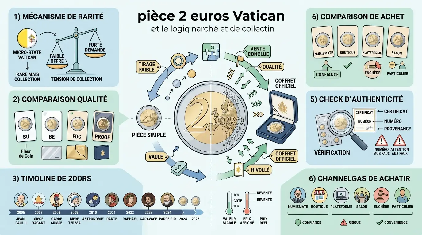 Infographie éducative sur la pièce 2 euros Vatican, illustrant sa valeur de marché, rareté et collection.