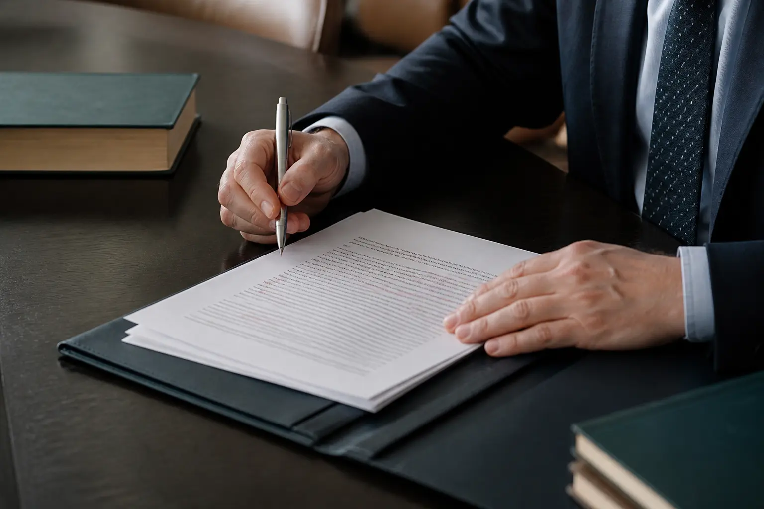 Arret manoukian : mains examinant un contrat annoté sur une table de réunion dans un cabinet d’avocats, lumière douce naturelle