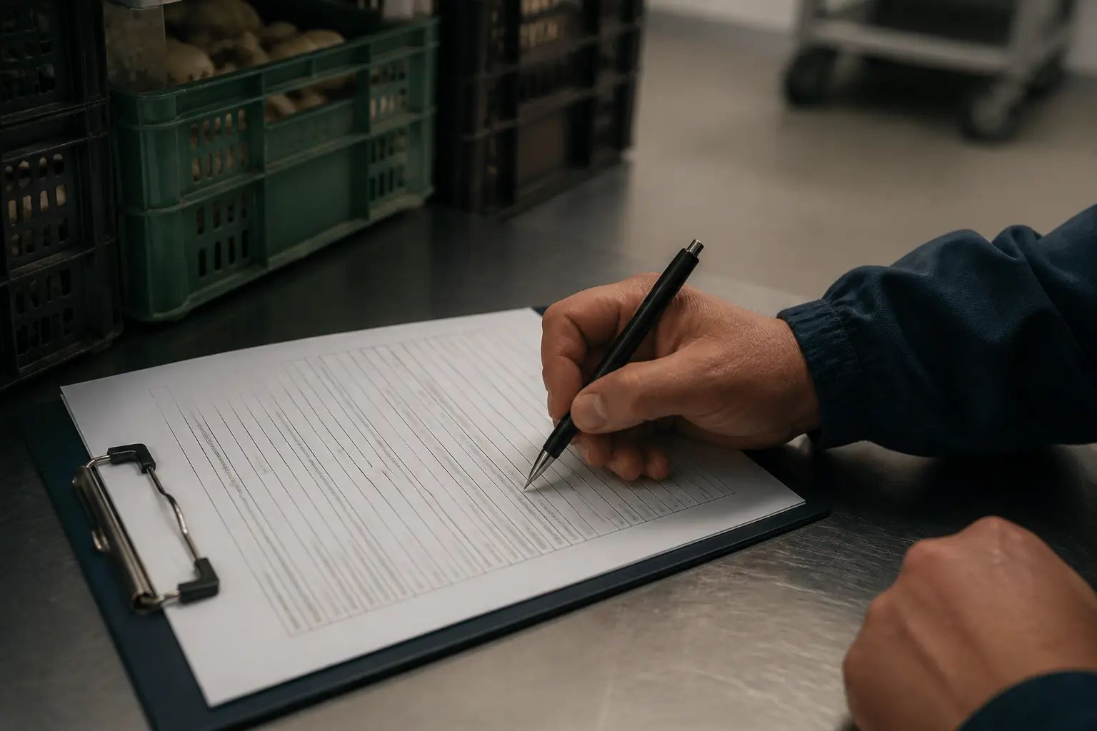 Main remplissant un cerfa 13984 dans un local de préparation alimentaire, près de caisses de produits