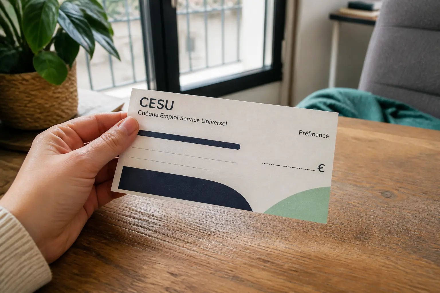 Main tenant un chèque CESU sur une table de cuisine, illustrant comment encaisser un cheque cesu