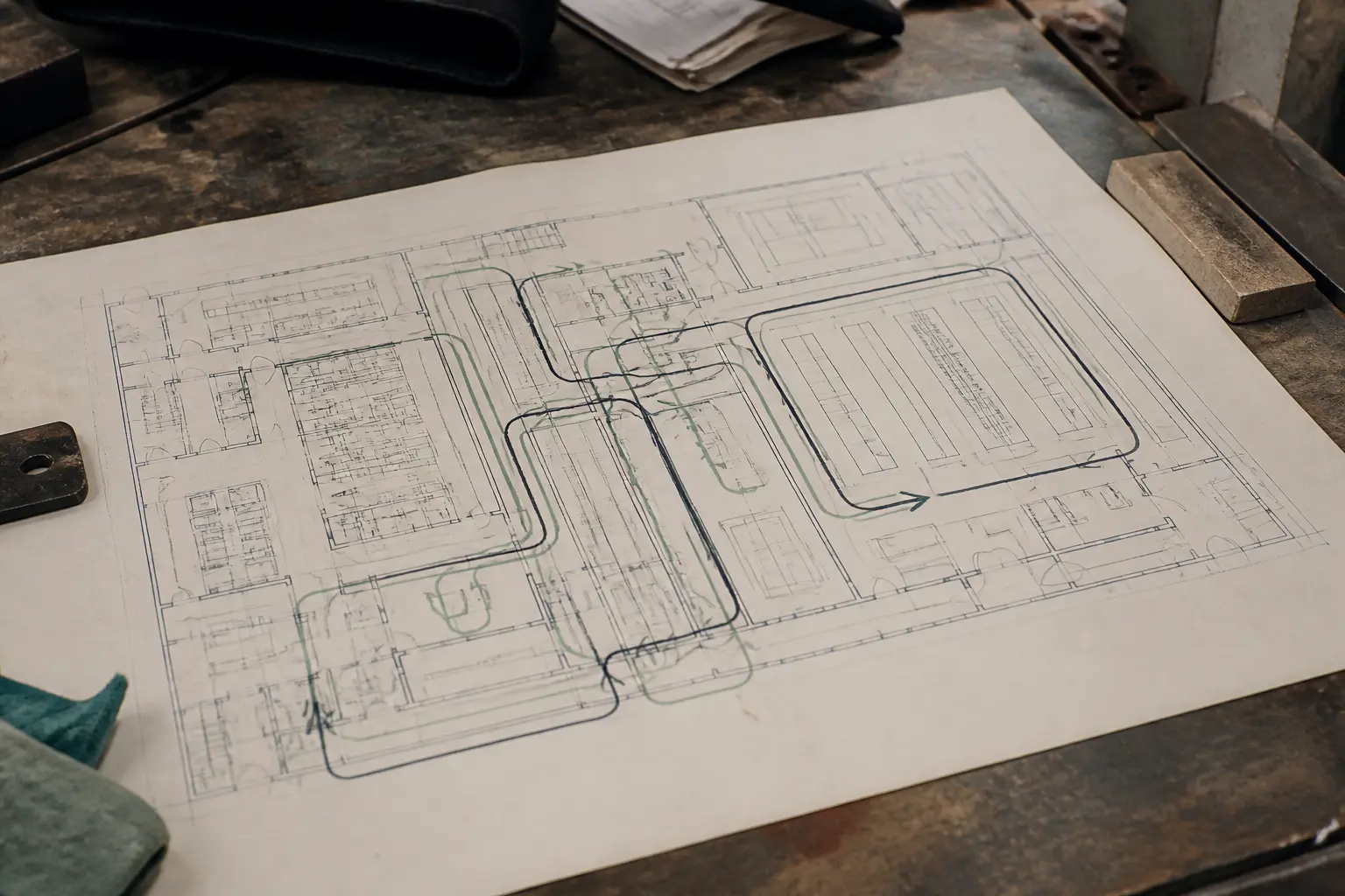 Diagramme spaghetti sur plan d’usine annoté à la main, vue rapprochée sur table d’atelier, lumière naturelle douce