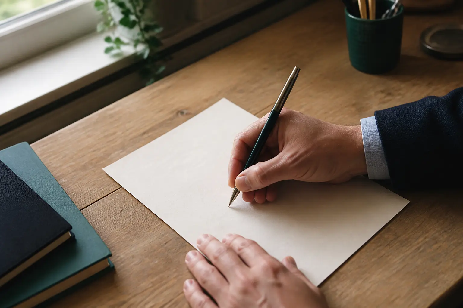 Main écrivant une lettre formelle sur bureau en bois, formule de politesse pour un avocat, lumière naturelle douce