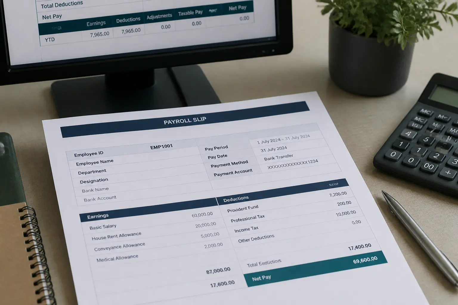 Matricule fiche de paie sur document RH avec écran d’ordinateur, bureau de paie en lumière naturelle douce