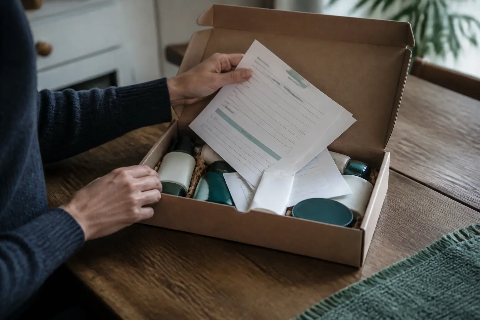Testeur de produits rémunéré à domicile gratuit : colis ouvert, échantillons et questionnaires sur une table de cuisine, mains visibles