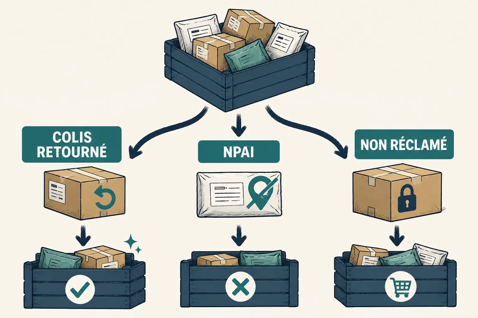 Schéma d’achat colis perdu au kilo montrant trois flux: colis retourné, NPAI et non réclamé.