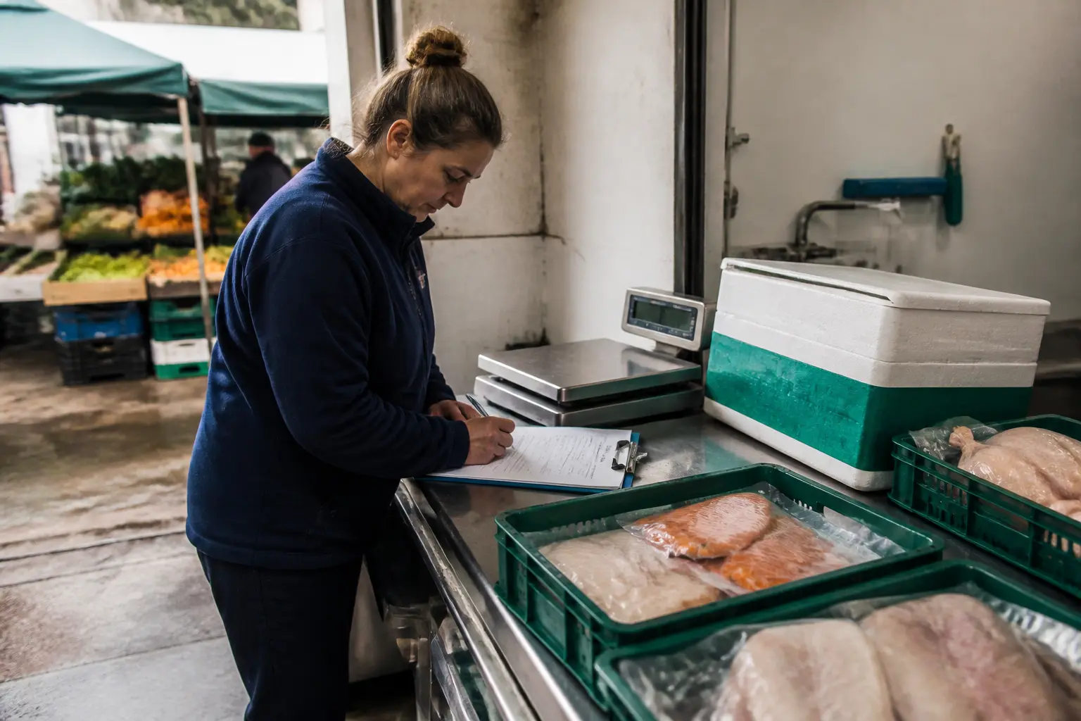 Cerfa 13984 : un commerçant remplit une déclaration en atelier alimentaire, près de caisses et d’une balance.
