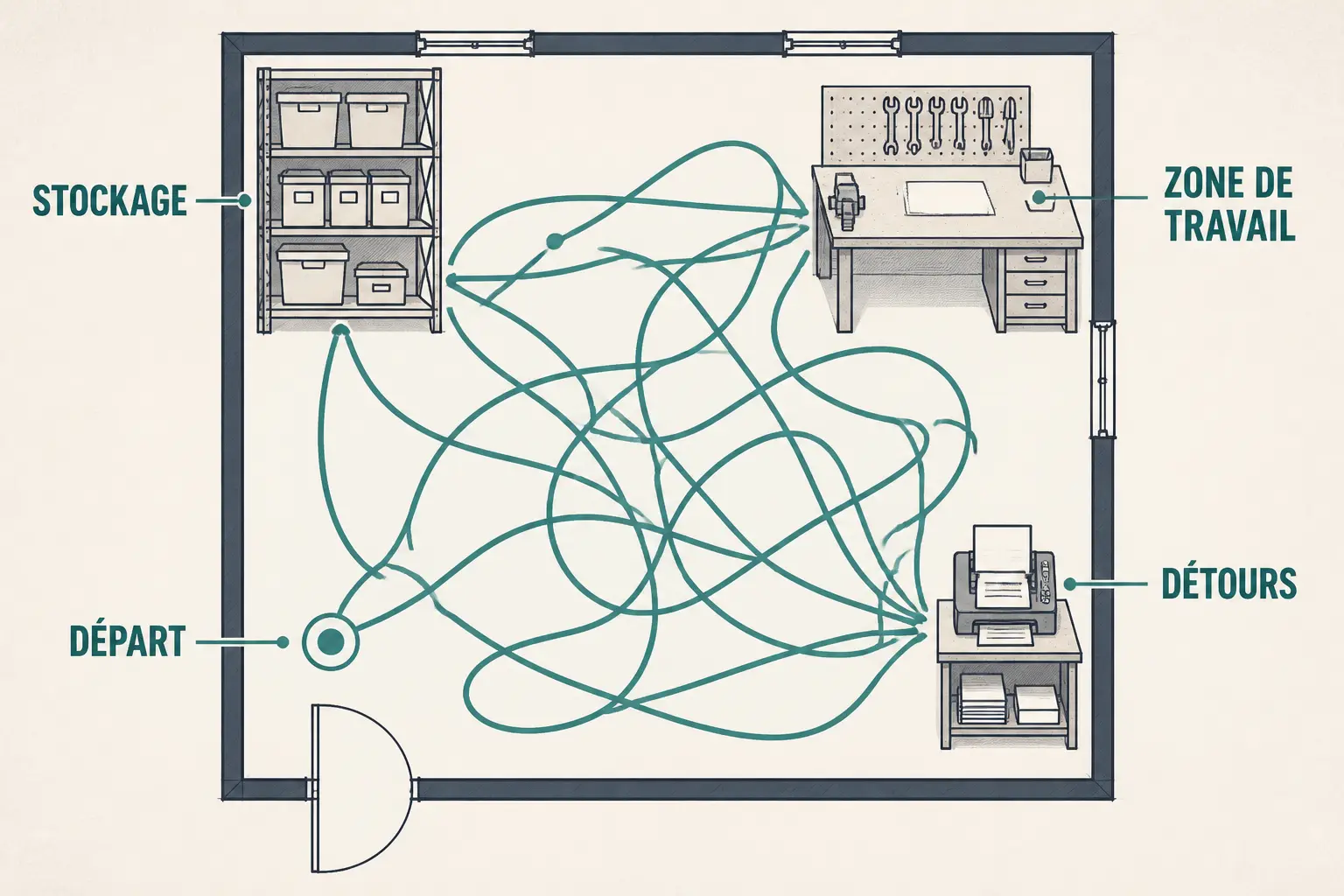 Diagramme spaghetti d’un atelier vu de dessus, avec trajets en boucles entre départ, stockage et zone de travail.