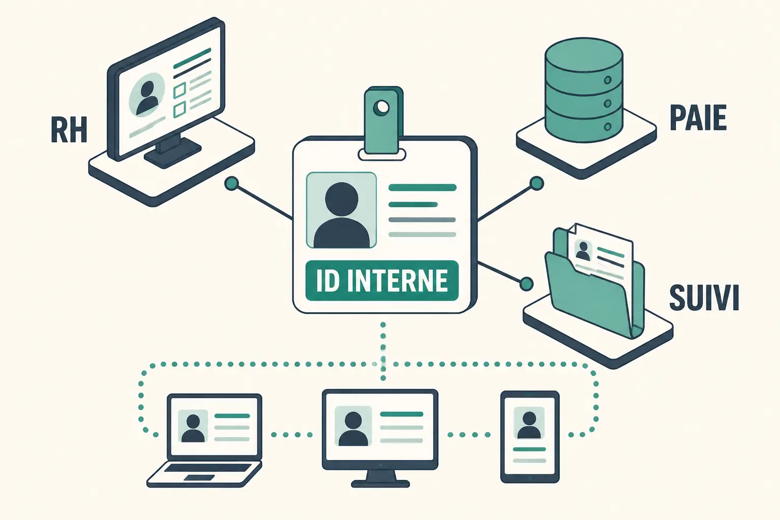Matricule fiche de paie : carte employé reliée à RH, paie et suivi, ID interne non civil.
