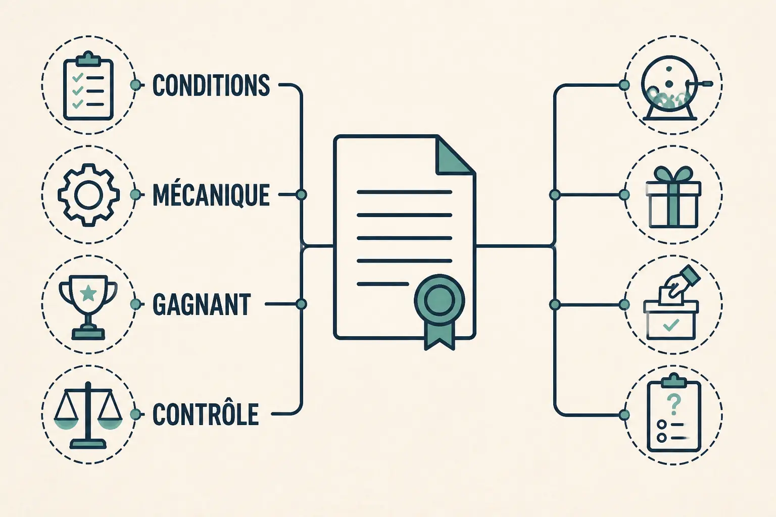 Schéma éditorial du reglement du jeu avec document central, conditions, mécanique, gagnant et contrôle.